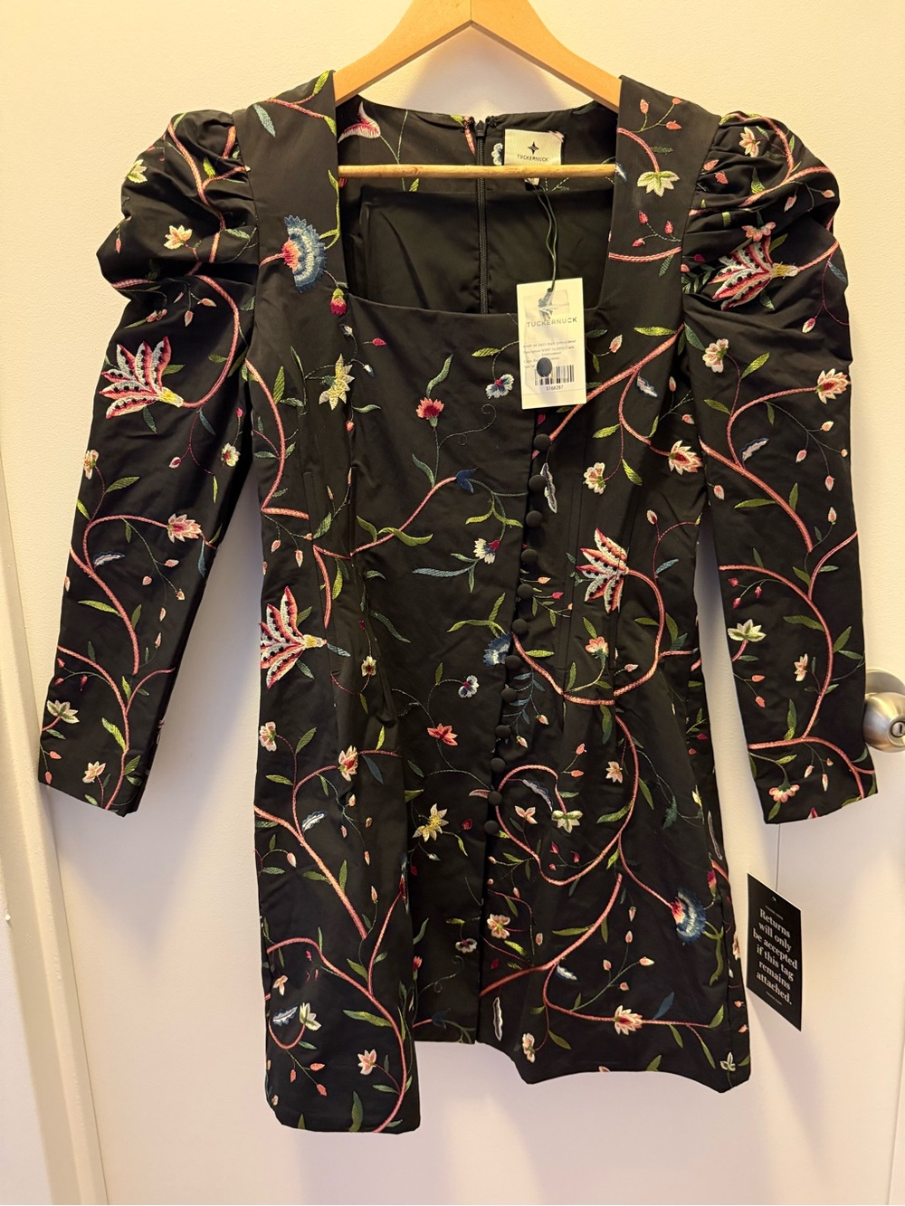Tuckernuck Black Floral Embroidered Puff-Sleeve Mini Dress